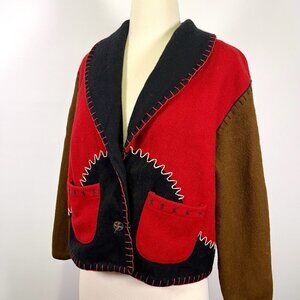 VTG New Identity Wool Blend Jacket Blanket Stitch Colorblock Red Medium Western